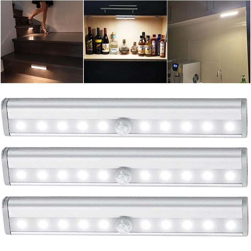 10 LED Battery Powered Motion Sensor Lights For Cabinets 3 Pack