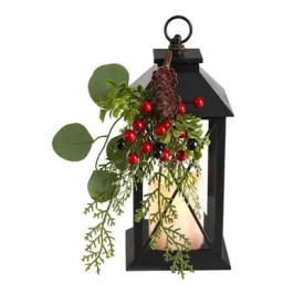 12" Holiday Berries and Greenery Metal Lantern Artificial Table Christmas Arrangement with LED Candle Included