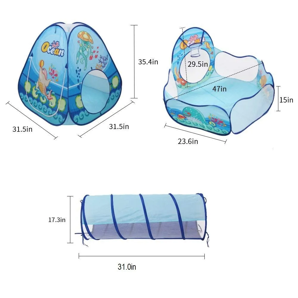 3-in-1 Pop Up Play Tent House with Tunnel & Ball Pool for Kids - Ocean Theme (Balls not Included)