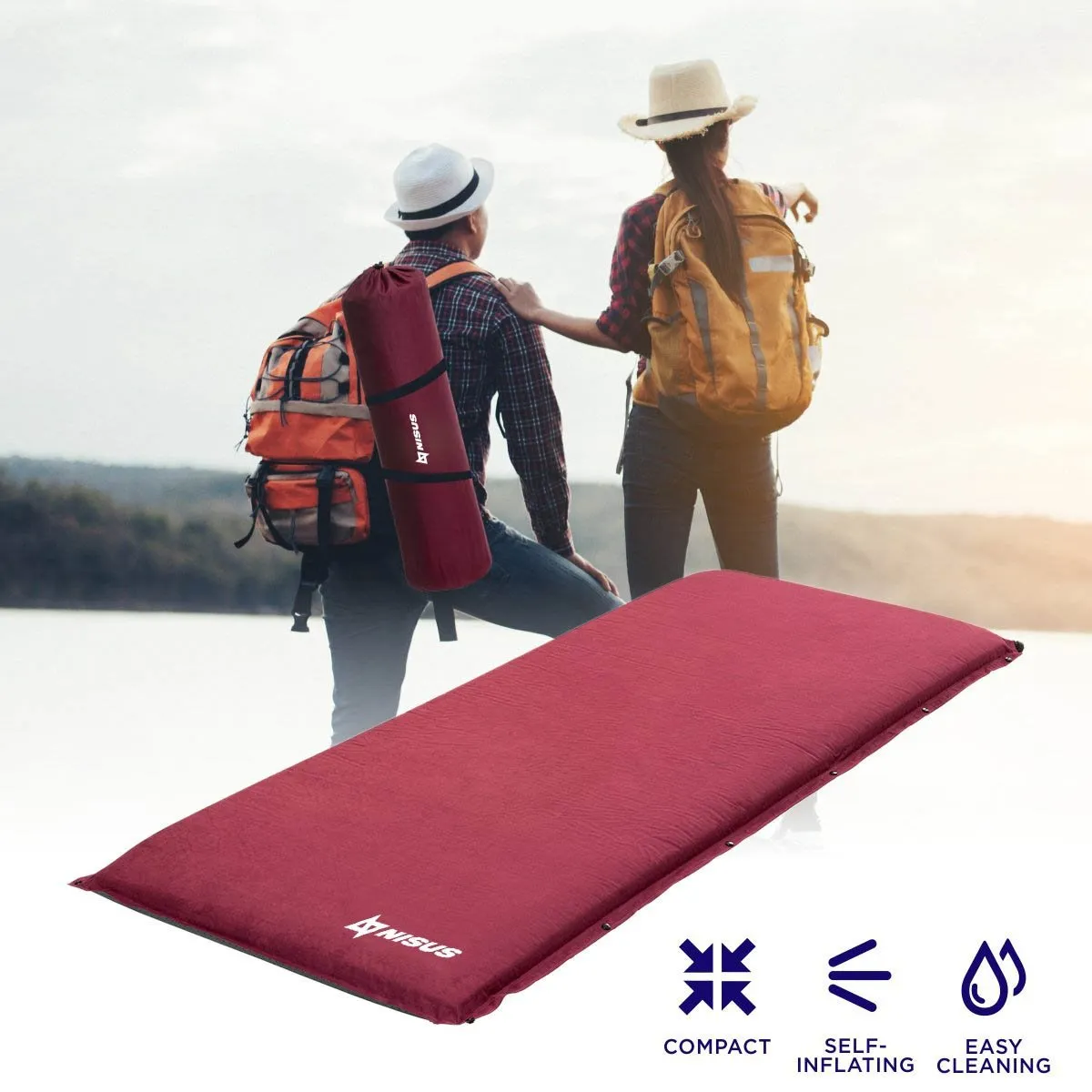 3-inch Extra Thick XL Size Self Inflating Camping Pad, Dark Red