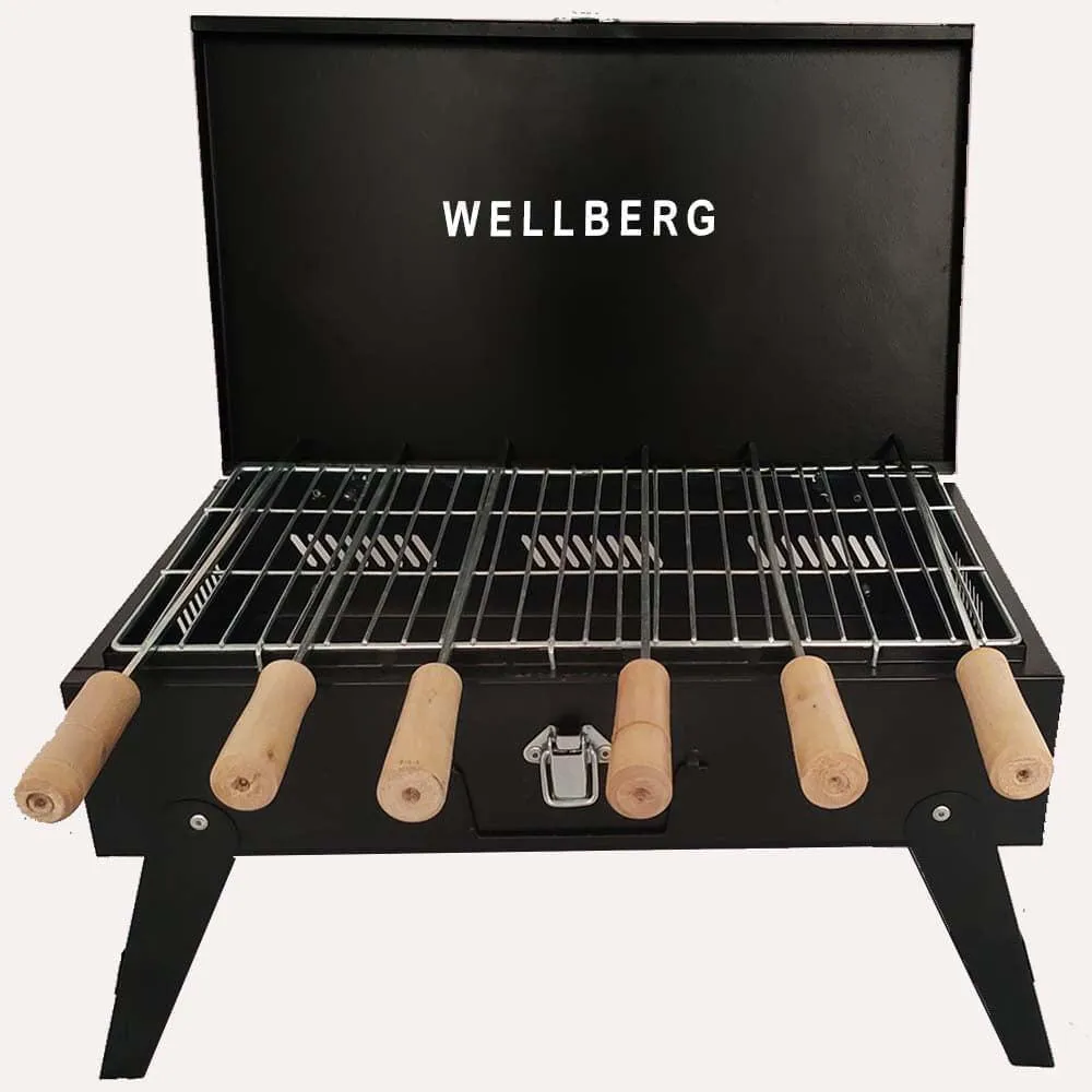 Briefcase Charcoal Barbecue Grill with 8 skewers, 1 Grill, 1 Tong