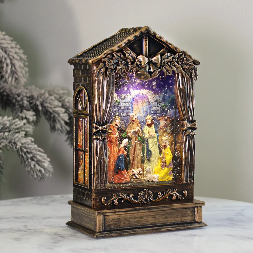 Christmas Musical Water Lantern Sculpted Nativity Scene Swirling Confetti LED Light