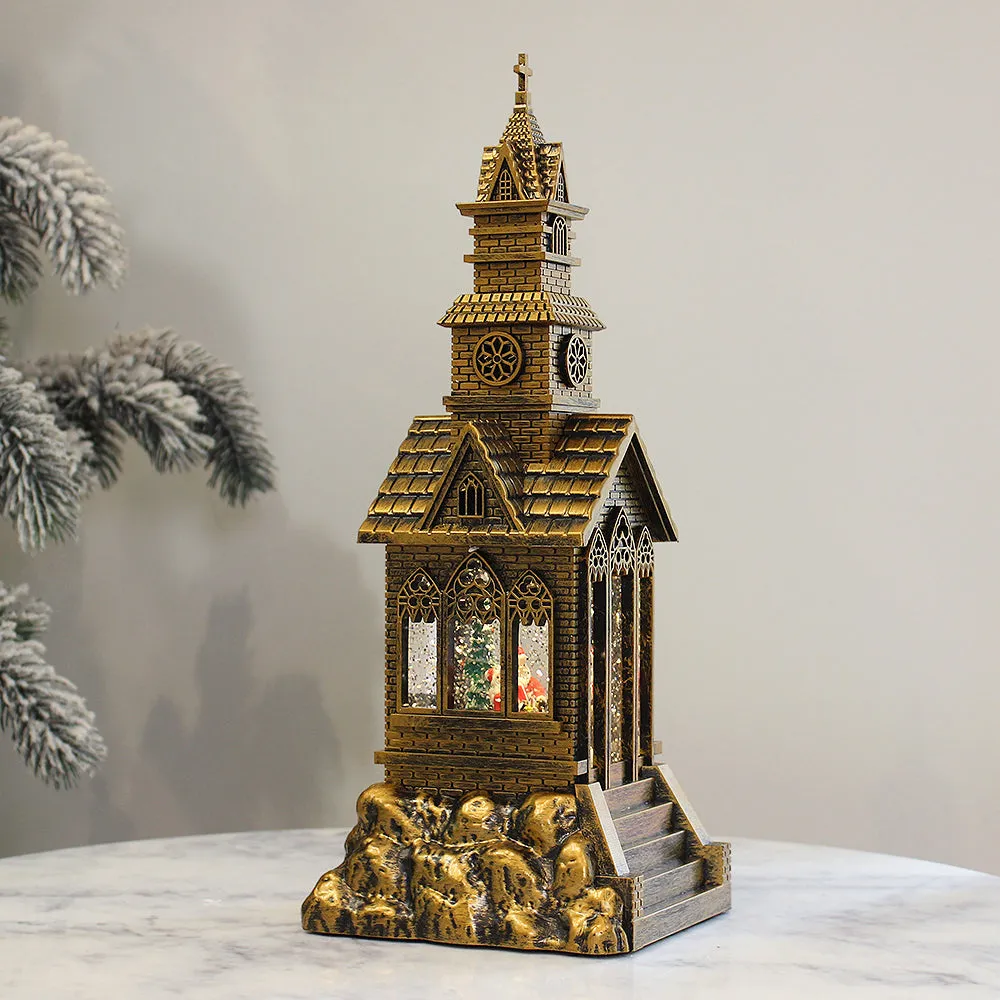 Christmas Musical Water Lantern Vintage Church with Swirling Confetti LED Lights