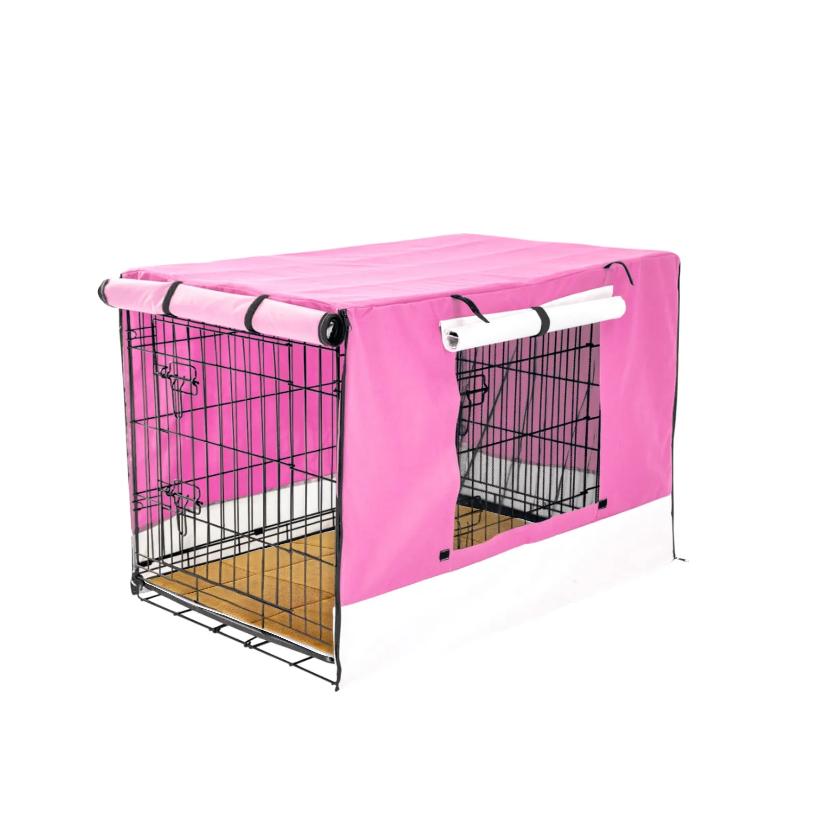 Collapsible 24in Wire Dog Crate with Pink Cover & Tray