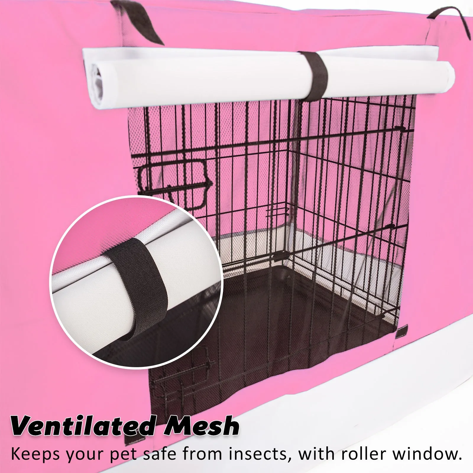 Collapsible 24in Wire Dog Crate with Pink Cover & Tray