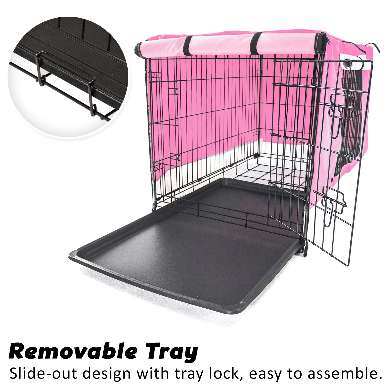 Collapsible 24in Wire Dog Crate with Pink Cover & Tray