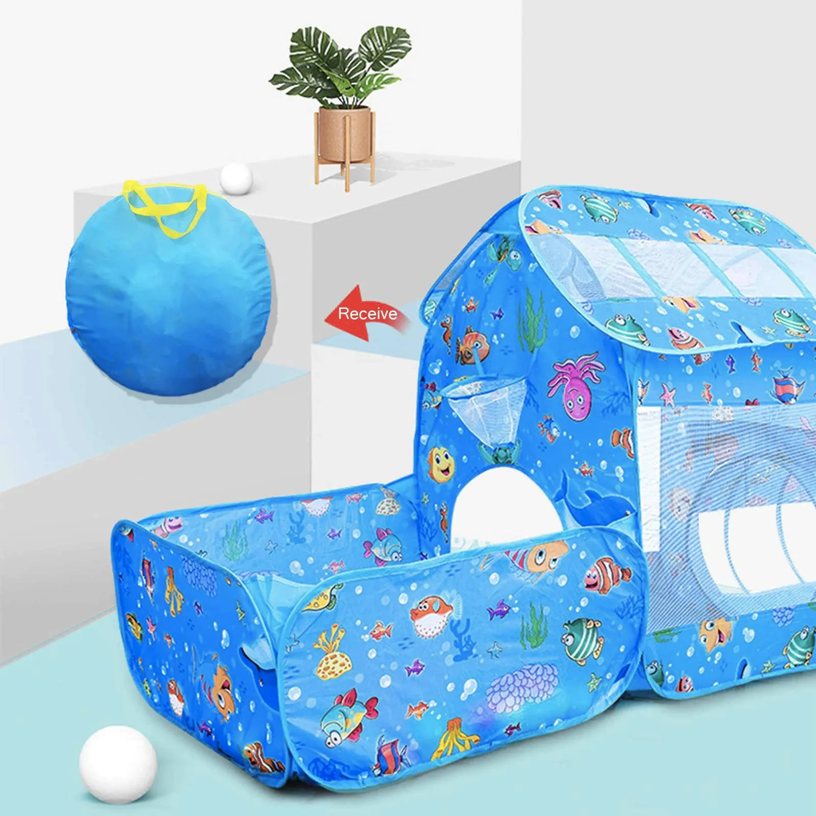 Fancydresswale 3 in1 Kids Play Tent with Play Tunnel, Ball Pit, Basketball Hoop for Boys & Girls,Playhouse Toy for Baby Indoor/Outdoor, for 2 Year Plus Old Child ( Balls not Included) (with Tunnel)