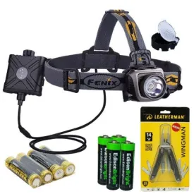 Fenix HP15 500 Lumen long throw LED Headlamp with diffuser, genuine Leatherman Wingman Multi- tool 831426 and Four EdisonBright AA Alkaline batteries bundle