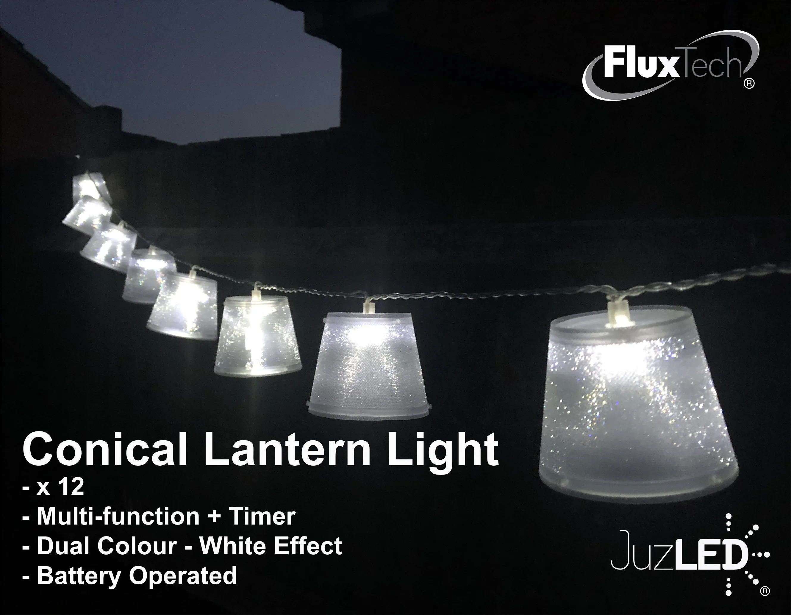 FluxTech - Conical Lantern 20 x Dual Colour LED String Lights by JustLED – Multi-function Effect – Timer function - Battery Operated