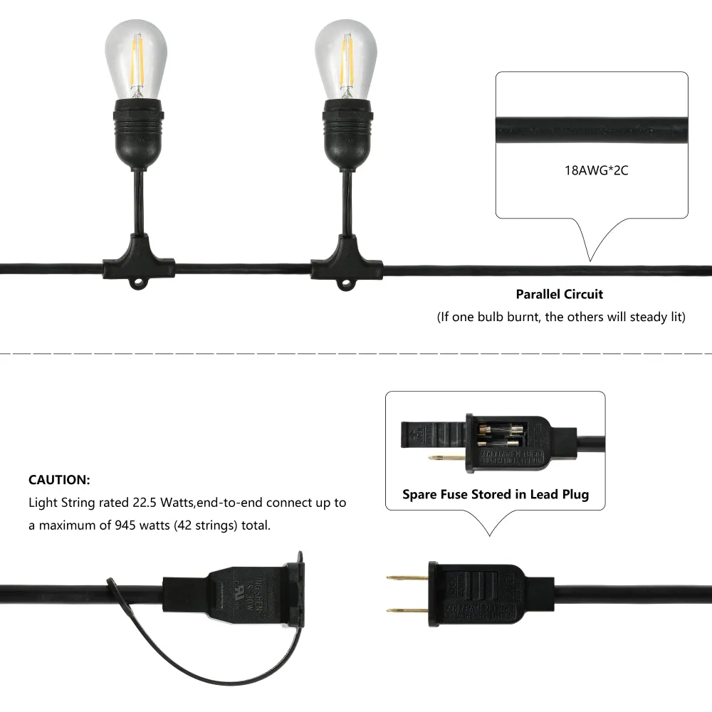 Friv 15-Light Indoor/Outdoor 48 ft. Rustic Industrial LED S14 Edison Bulb String Lights, Black