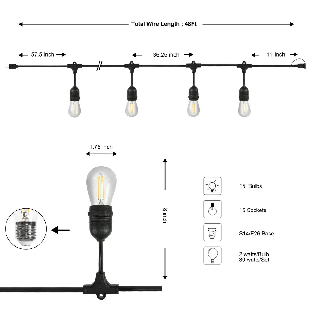 Friv 15-Light Indoor/Outdoor 48 ft. Rustic Industrial LED S14 Edison Bulb String Lights, Black