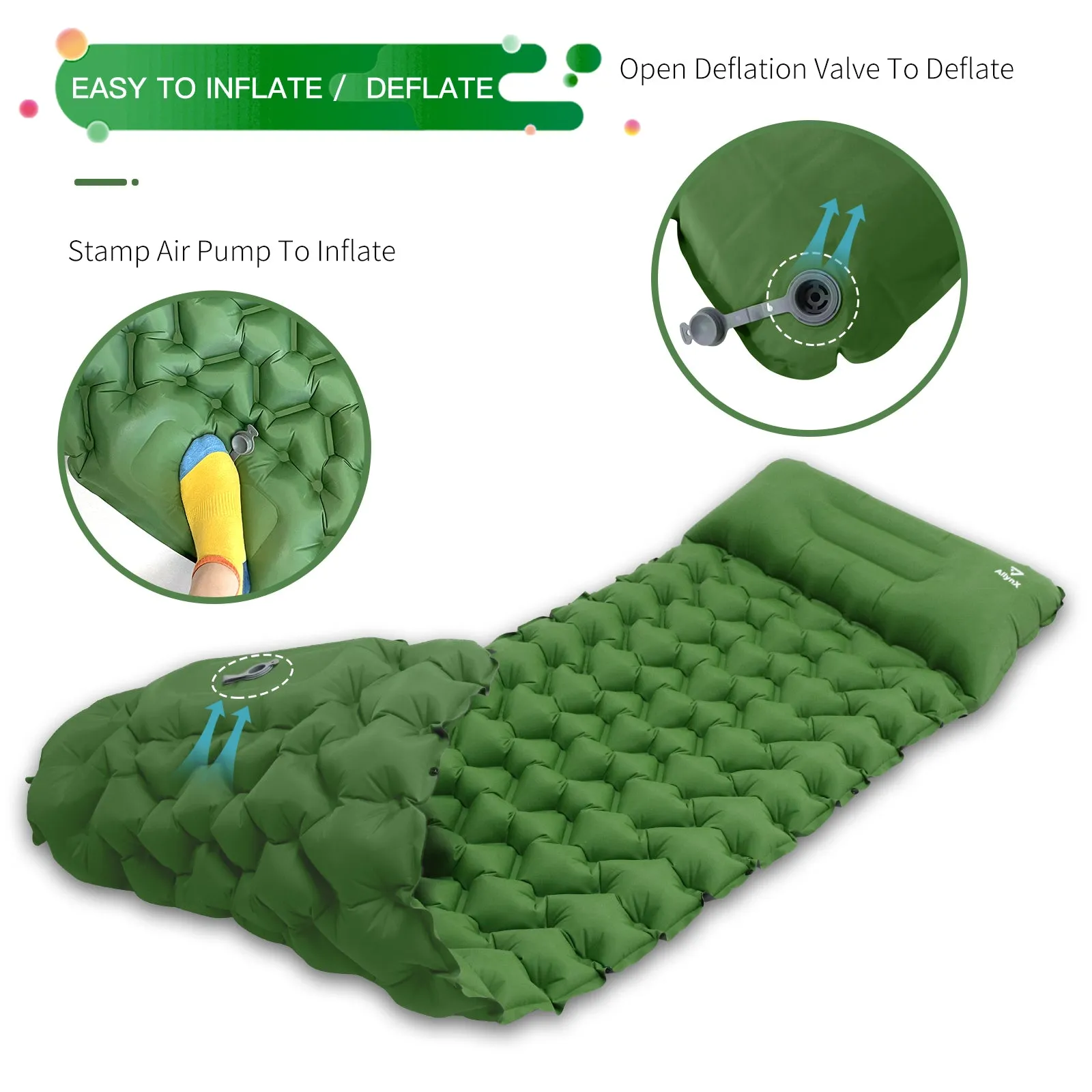 Inflating Sleeping Pad with Built-in Pump Green