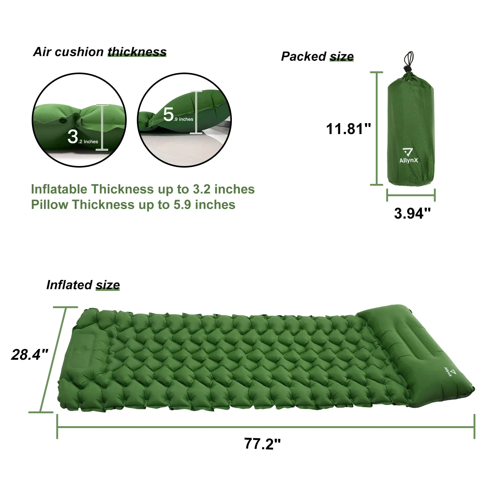 Inflating Sleeping Pad with Built-in Pump Green