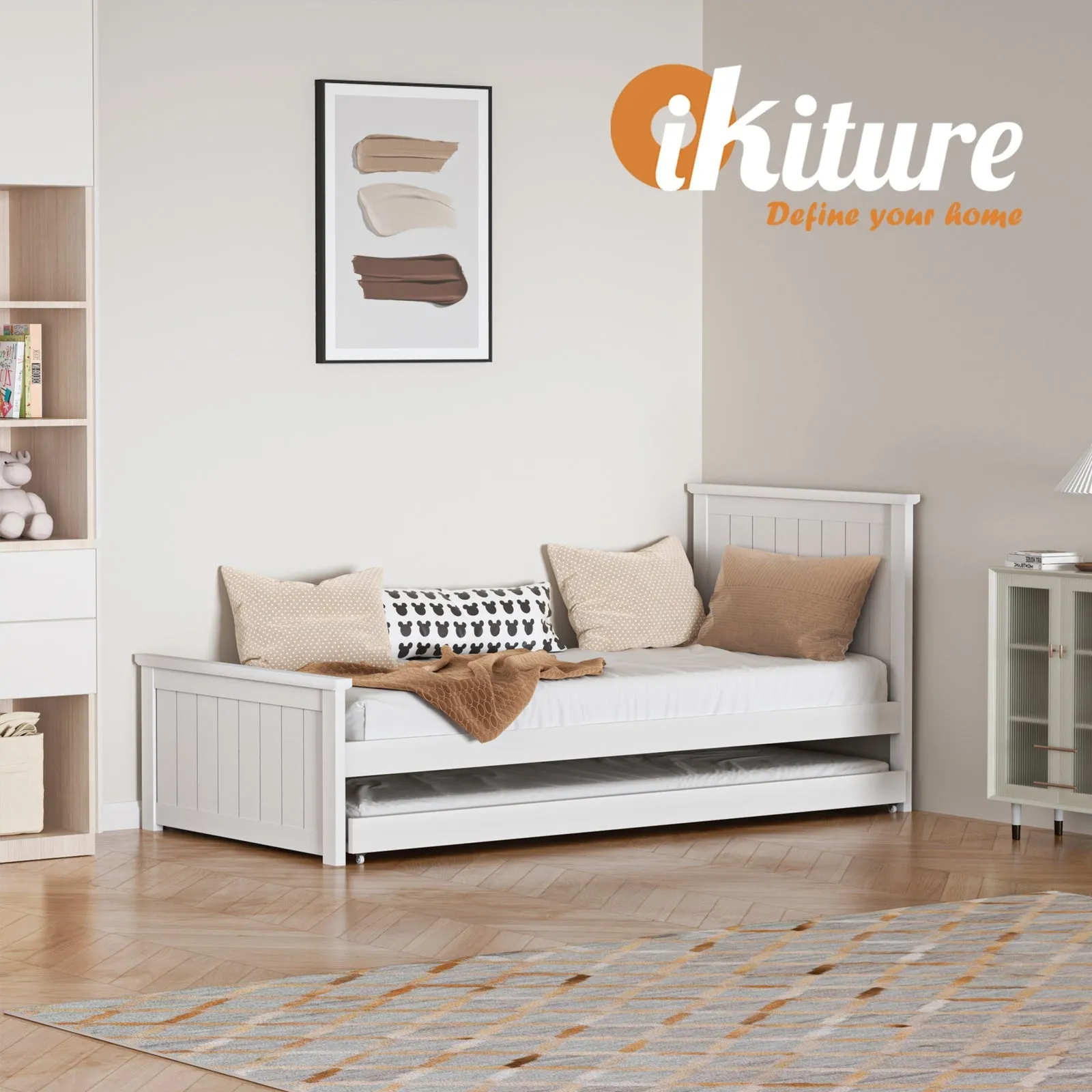 Oikiture Trundle Bed Frame Single Size Beds Base Wooden Daybed White