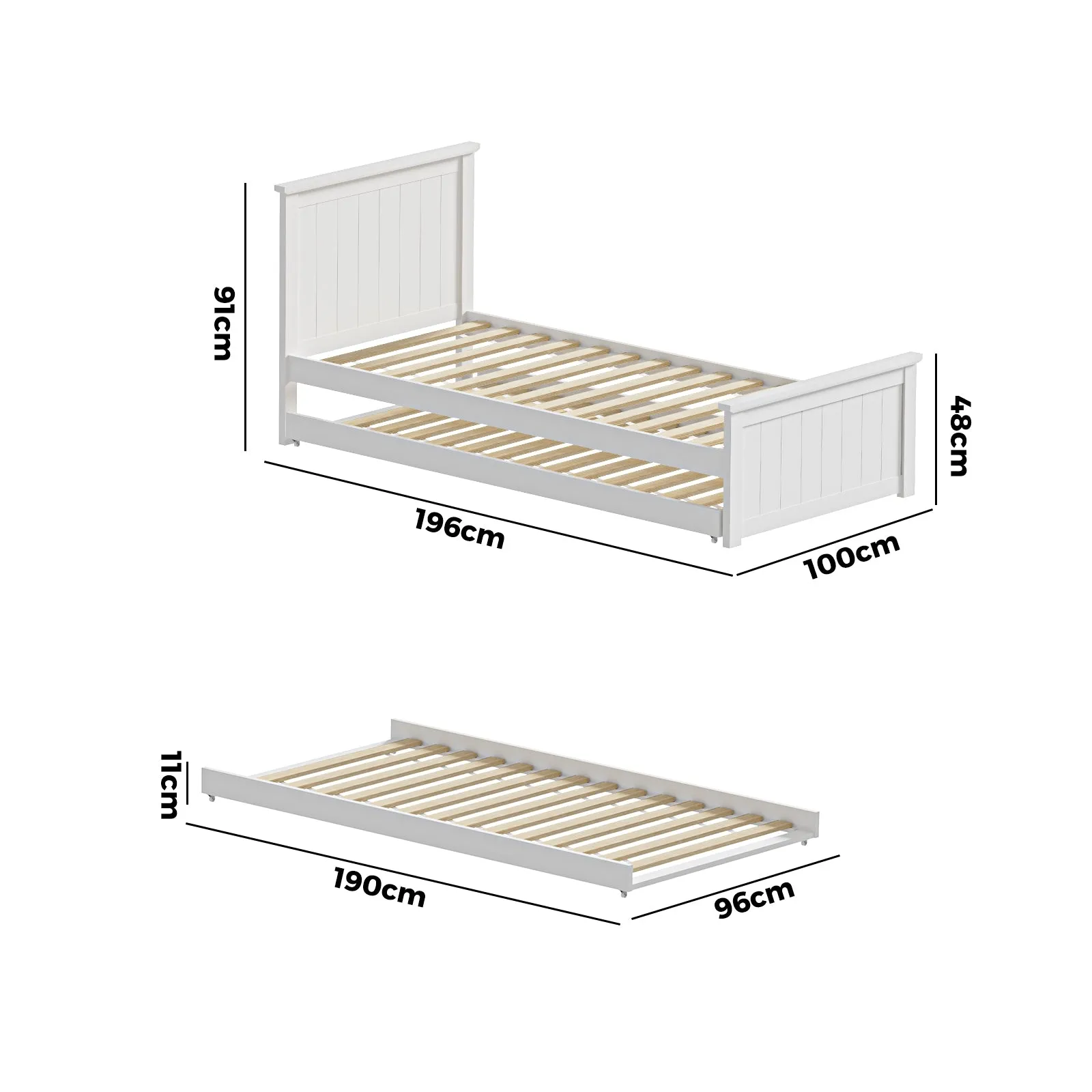 Oikiture Trundle Bed Frame Single Size Beds Base Wooden Daybed White