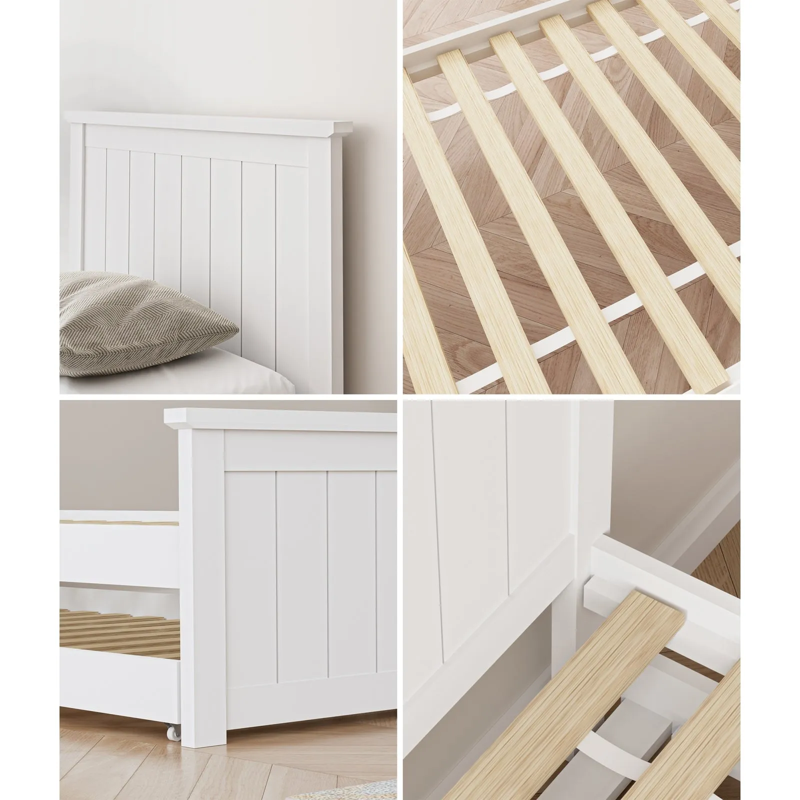 Oikiture Trundle Bed Frame Single Size Beds Base Wooden Daybed White