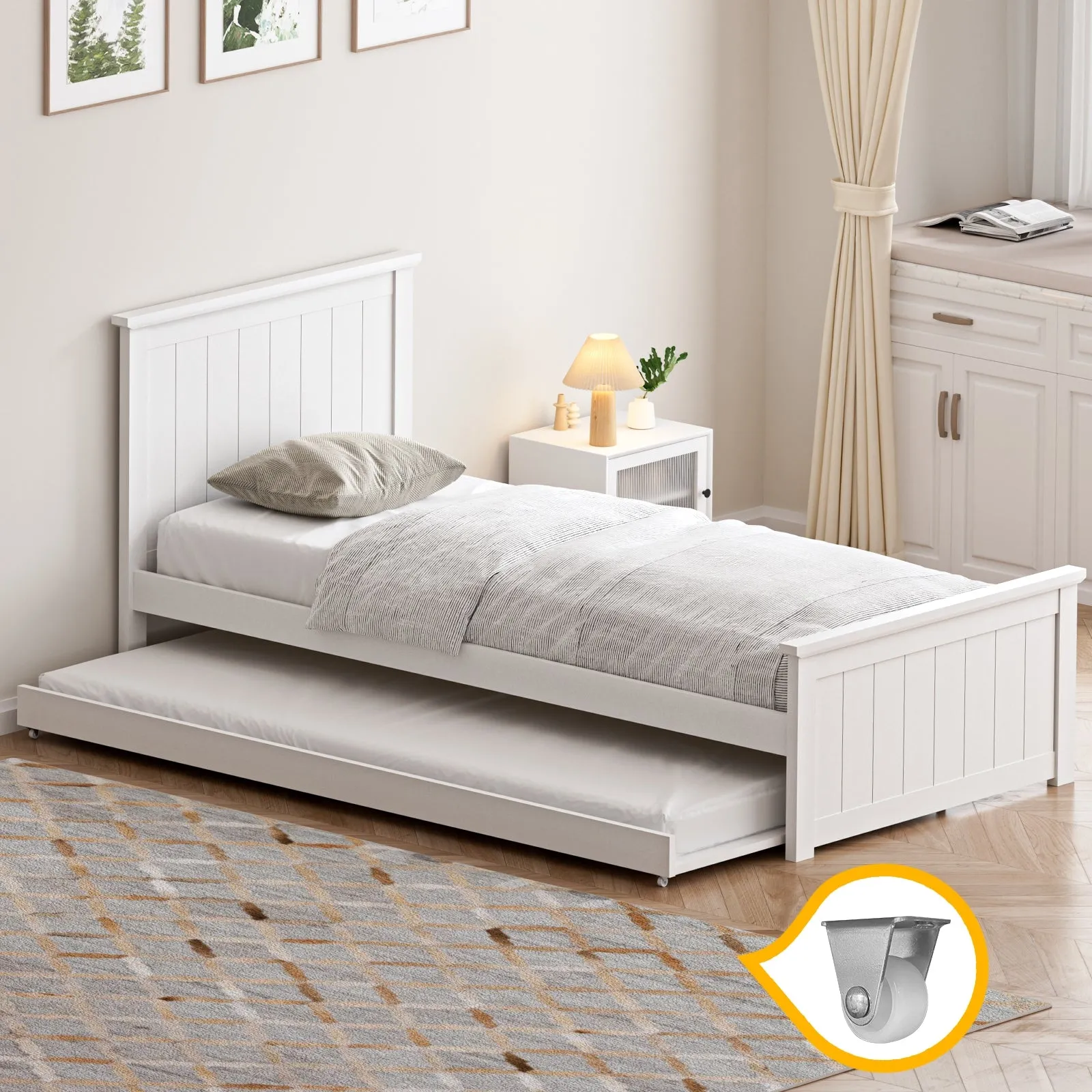 Oikiture Trundle Bed Frame Single Size Beds Base Wooden Daybed White