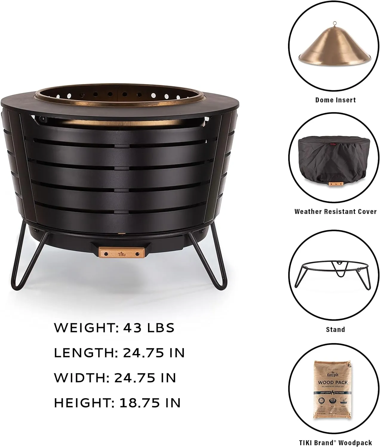 Patio Fire Pit, Includes Wood Pack, Modern Design with Removable Ash Pan, 24.75 x 24.75 x 18.75 inches