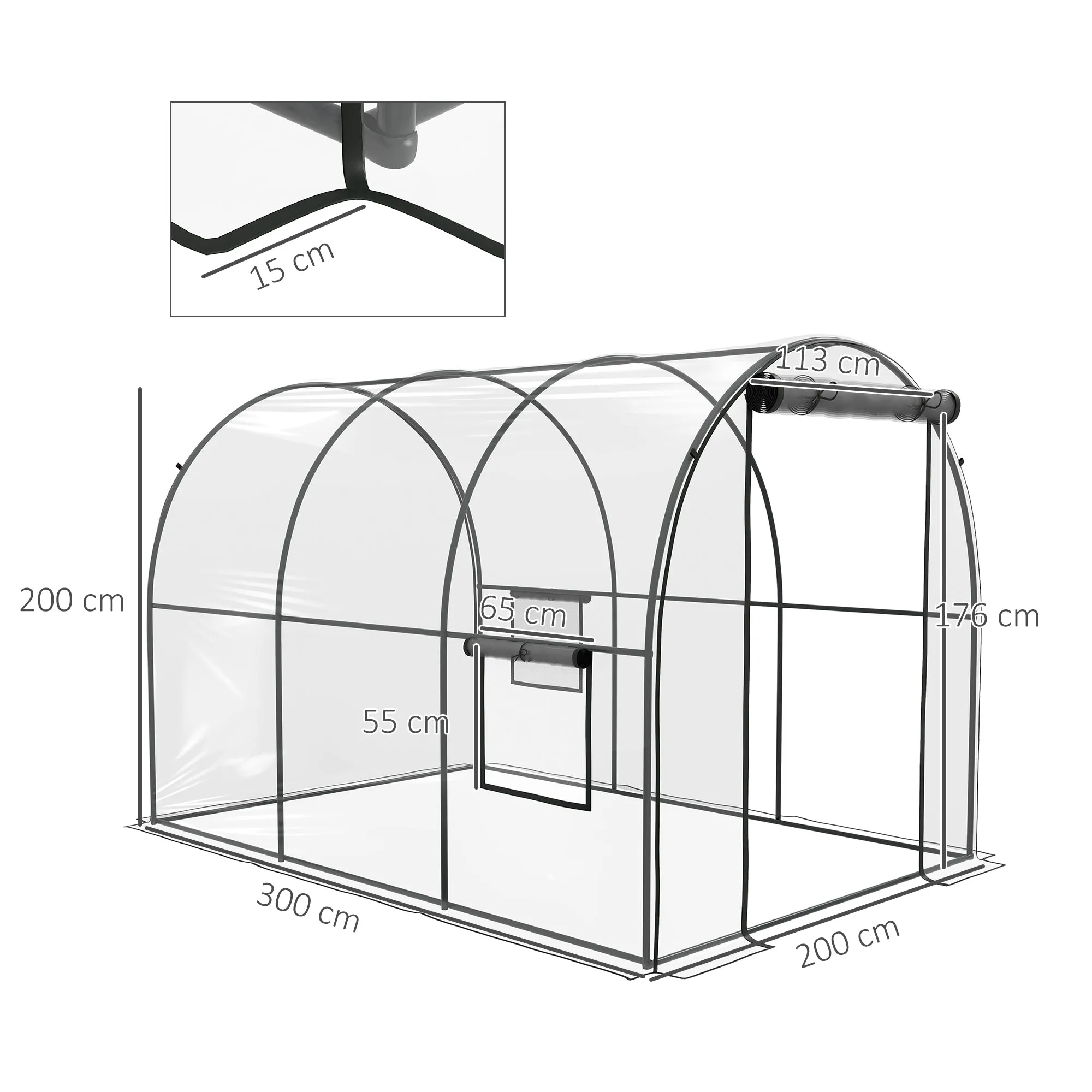 Polytunnel Greenhouse Walk-in Grow House with Plasric Cover, Door, Mesh Window and Steel Frame, 3 x 2 x 2m, Clear