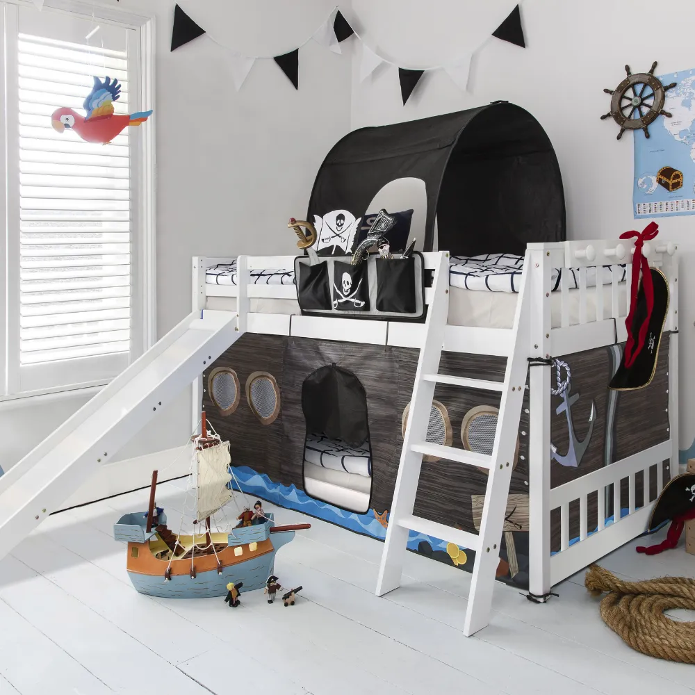 Tuva Cabin Bed Low with Bunk Underbed Slide & Pirate Hideaway Package in Classic White